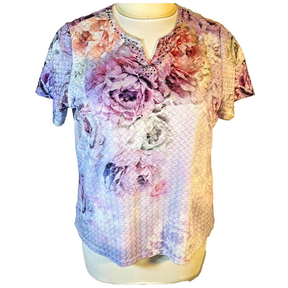 Alfred Dunner Blouse Womens 2X Purple Pink Floral Mesh Lined Notch Neck